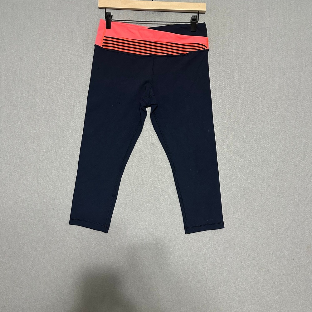 Lululemon Navy Blue Coral Pink Crossover Waist Crop Yoga Leggings Size 8